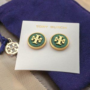 Tory Burch Circle Logo Button Stud Earrings in Semiprecious Green